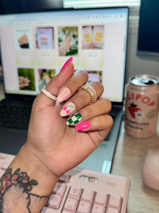 Pink Cherries & Green Checkers
